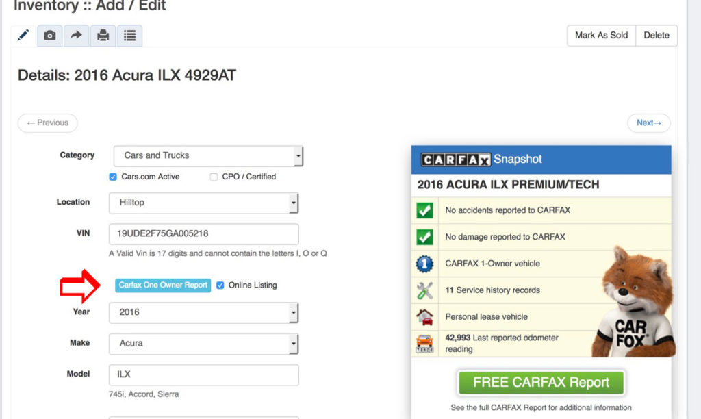 Picture of the back end area of Auto Ad Manager that shows the Carfax snapshot and integration of Carfax