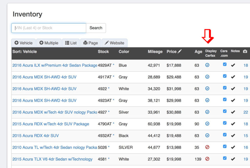 Vehicle listings page with icons that show whether the report is on or off for potential car buyers