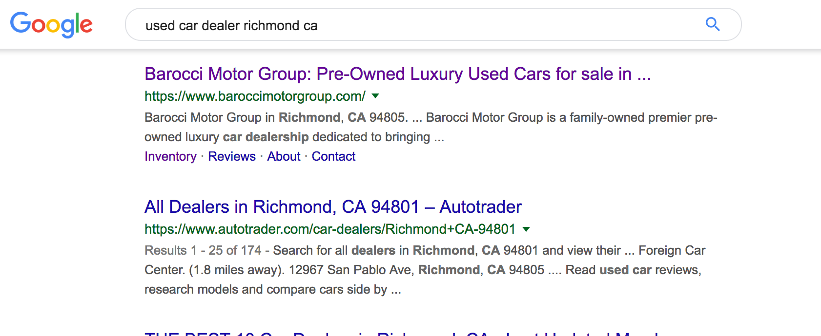 Barocci Motor Group in Richmond appears at the top of Google search in the first position