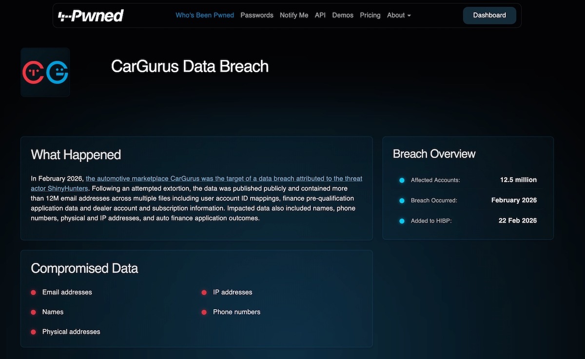 Troy Hunt posted the announcement of the Cargurus data breach along on the haveibeenpwned.com website